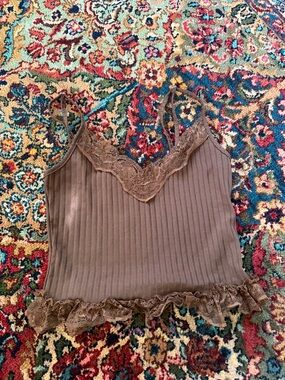 Brown Lace-Trim Ribbed Cami Tank Top - Women